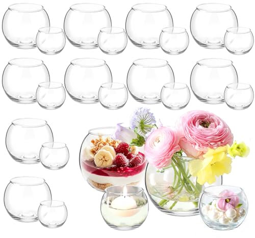 24 Pack Glass Bubble Vases,Small flower bud vases bulk,4W x3H Set of 12 Pcs Clear Bowl Vase,2.6W x2.2H Set of 12 Pcs Round Candle Holders,Mini Globe Vase Centerpiece for Wedding Party,Home Decor