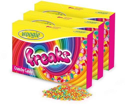 Woogie Freaks Zucker-Dragees 3er Pack (3x150g) – Bunte, fruchtige Mini-Dragees in 5 Sorten mit knackiger Zuckerschicht – Für Partys, Kindergeburtstag, Kino, Halloween, Backdeko & zum Naschen unterwegs