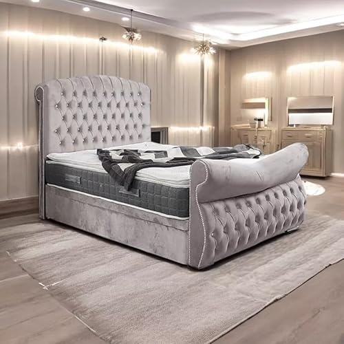 6FT Super King Chesterfield Luxury Sleigh Bed Frame With Mattress And Headboard Upholstered In Plush Velvet Silver Bed Wooden Slats - No Storage (Silver, 6FT Super King With Mattress)