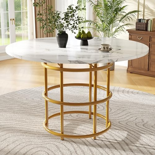 Runder Esstisch (100×100×76cm), Küchentisch,Runder Kaffeetisch für 4-6,geeignet für Esszimmer, Wohnzimmer,Tischbeine aus Metall,Ring Tischbeine, Tischplatte aus marmoriertem mit Beinen (Weiß+Gold)