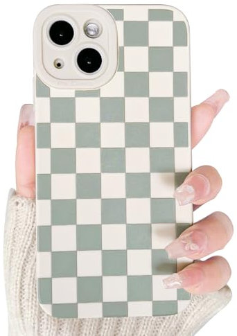 NITITOP Compatible with iPhone 13 Mini Case Cute White&Green Checkerboard Checkered Aesthetic Pattern for Women Girl Lattice Plaid Soft TPU Shockproof Full Camera Protection Cover - White&Green