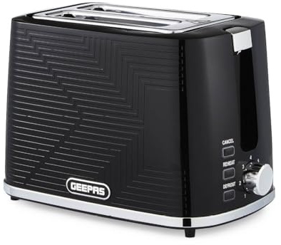 GEEPAS 2 Slice Toaster | 7 Browning Levels Cancel Defrost Reheat | For Thin Small Bread Slice, Removable Crumb Tray Cool Touch Housing High Lift | Space-Saving Design 900W Black Opus (Renewed)