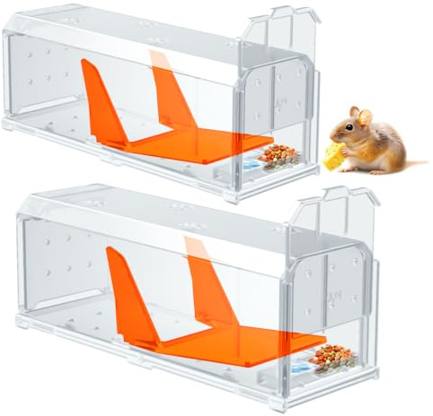 Lebendfalle Maus Mausefallen 2er Set, Große Mausefalle Lebend Ohne Töten, Hochsensitive Mehrweg Mouse Trap, Keiner Kontakt mit Mäusen, Schnellspannung Ausgang, Transparent
