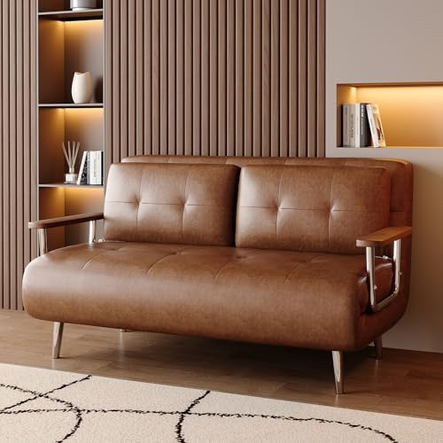 EOBfurniture Schlafsofa-Lederoptik, modernes 2 sitzer Sofa mit schlaffunktion, schlafcouch mit Klappmatratze,klappsofa vielfältig einsetzbar für Wohnzimmer & kleine Räume,Sofa Bed in Braunes（150cm）