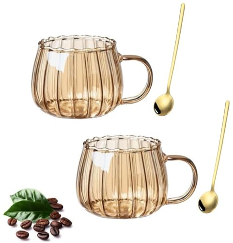 JADEWANG Coffee Mugs Set, 2 Tumblers and 2 Spoons Set, Amber | 12oz Drinking Glasses with Handle, Glass Cups for Hot or Cold Drinks Like Cappuccino, Latte, Cocoa and Tea