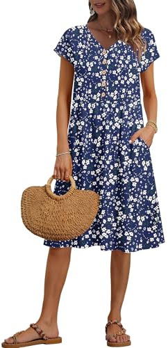 PLMOKEN Sommerkleid Damen Knielang V-Ausschnitt Empire Kleider Kurzarm Ärmel Lockeres Midikleid Freizeitkleid Mit Taschen