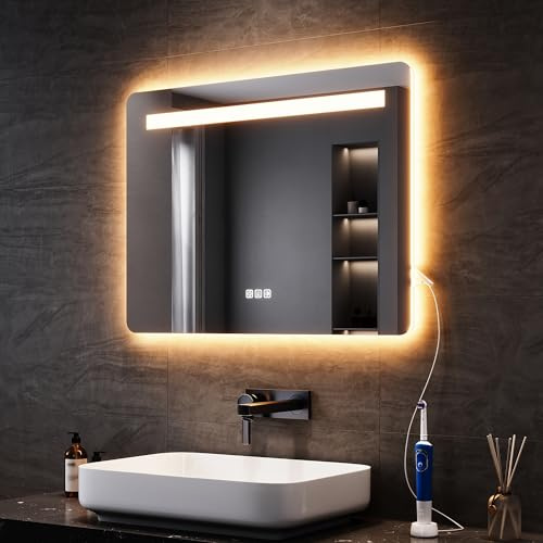 SONNI Badspiegel mit Beleuchtung 80x60 cm, LED Spiegel mit Touch Schalter & Gedächtnisfunktion, 3 einstellbare Lichtfarben, Dimmbar, Beschlagfrei, Steckdose