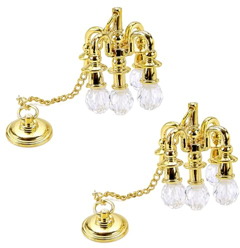 2 Stück Miniatur kronleuchter in Gold, Mini Kronleuchter für Puppenhaus 1:12, Maßstabsgetreue Puppenstube Lampe als DIY Zubehör, Deko Licht Modell für Zimmer Dekoration