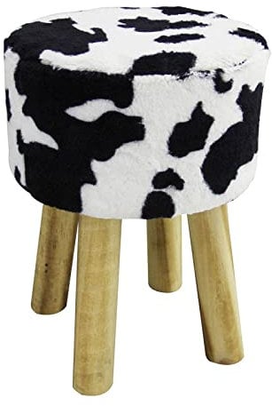 Echtwerk Sitzhocker mit Felloptik, Country Stil, Kuhfell Hocker mit gepolsterte Oberfläche, Fußhocker, Kuhmuster, 2kg, 28 x 28 x 40 cm, Schwarz weiß