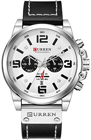 Herrenuhren, Militär-Uhren für Herren und Herren, Lederarmband, analog, Quarz, Chronograph, Datumsanzeige, Sportuhr für Herren, silber, Chronograph, Quarz-Uhrwerk