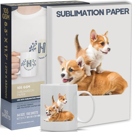 Hayes Paper Co. Carta per sublimazione 8,3 x 11,7-150 fogli formato A4 105 g/m², funziona con inchiostro a sublimazione e spazi vuoti magliette tazze colori vivaci, compatibile con stampanti a