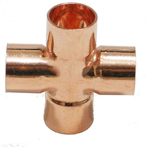 Copper End Feed Equal Copper Cross 4 Way Plumbing Pipe Fitting (2 Pack 22mm)