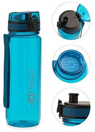 FloGo 750 ml Wasserflasche mit Riemen, Klappdeckel und Filtereinsatz, 100% auslaufsicher, BPA-frei, spülmaschinenfest, türkis, 750 ml