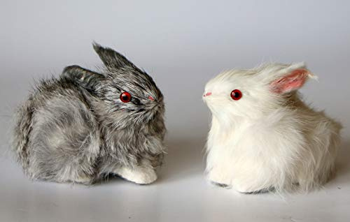 2er Set sitzende Oster Hasen aus Kaninchen Fell grau weiß 8,5 x 7 cm Ostern Tier-Figur Dekoration Hase05