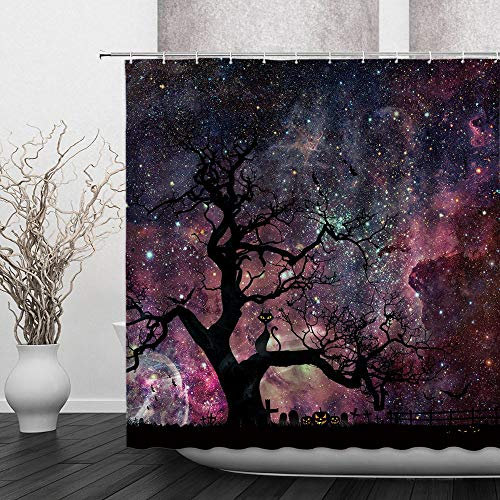 Rideau de douche fantaisie violet - Thème Halloween - Ciel étoilé coloré - Horreur - Branches d'arbre mort - Chat noir - Chauve-souris - Cimetière - Citrouille - Lanterne gothique - Décoration de