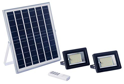 ELEDCO Focos Solares con Luz Cálida, Luces Solares Exterior con 2 Focos LED, Panel Solar, Batería, Mando a Distancia, Autonomía 8-15 Horas (2 Focos, Luz Cálida 2700K)
