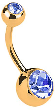 Taffstyle Bauchnabelpiercing Stab Piercing Banana Bauch Bauchnabel Stecker Doppelte Kugel mit Zwei Glitzer Kristall Kurz Gold Hellblau 1,6mm x 10mm x 5mm x 8mm
