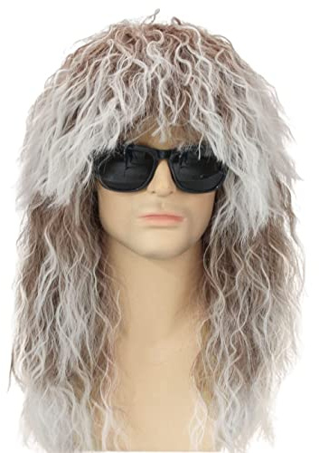 FALAMKA Rocker Vokuhila Perücke 80er Braun Weiß Mullet Wig Cosplay Costume Halloween