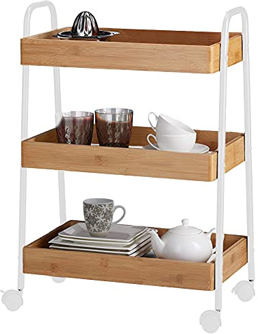BAKAJI Küchenwagen aus Metall mit 3 Ablagen aus Holz und 4 Rollen, um 360 Grad drehbar, mit Bremse, Trolley, platzsparend, für Zuhause, Küche, Größe 49 x 70 x 28 cm, modernes Design (weiß)