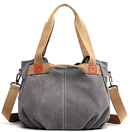 FANDARE Leinwand Handtaschen Schultertasche Damen Umhängetasche Vintage Frauen Arbeitstasche für Shopper Reisen Crossbody Messenger Bag Grau