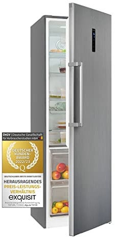 Exquisit Kühlschrank KS360-V-HE-040E inoxlook | 359 l Nutzinhalt | Edelstahloptik | Schnellkühl-Funktion | Glasablagen | Freistehend | Türanschlag wechselbar | No Frost | Display und LED-Licht