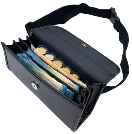 Borsa Marsupio da Cameriere Professionale, Portafoglio incl. 5 scomparti cambiamonete euro, 4 scomparti banconote, chiusura magnetica - 23x11x7cm - Nero