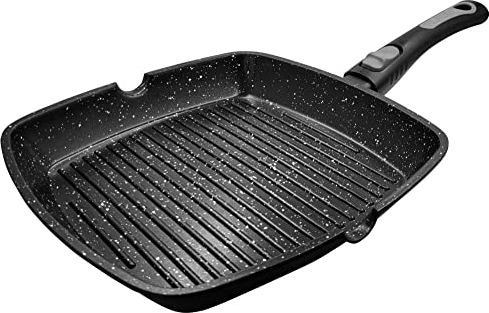 KLAUS Poêle Grill Antiadhésive 28x28cm - Tous Feux Dont Induction - Manche Détachable- Grill Viandes - Revêtement Facon Pierre - Fonte Aluminium (Noir)