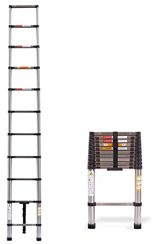3.2M Heavy Duty Telescopic Ladders 8 Steps Stainlee Steel Extending for Multi-Purpose Indoor Outdoor Roof Work Decoration Builder Supply 150KG Capacity