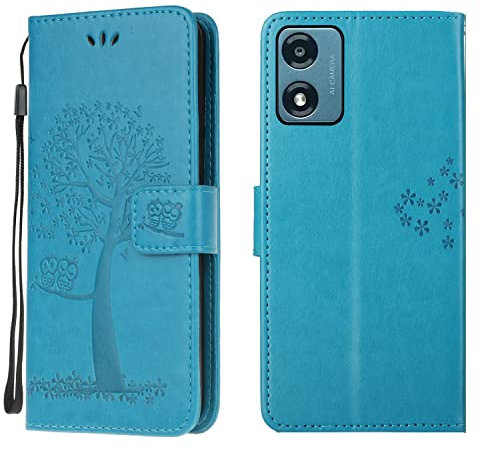 Motorola Moto E13 Case Leather Wallet Flip Folio Magnetic Clasp Stand View Bookstyle Cases for Motorola Moto E13 Phone Case Cover Shockproof Cute Owl & Tree Pattern, Blue