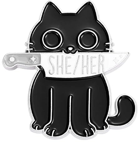 Épingle à pronom LGBTQ - Chat - She They/He Him/They Them/She Her/He They They Genre Identity - Chat noir avec couteau - Épingles de fierté pour défilé de fierté - À porter au quotidien - Sac à dos
