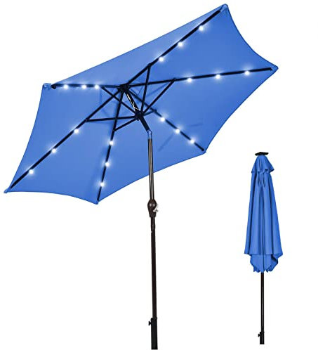 TANGZON 2.7M/3M Garden Parasol Umbrella, Tilting Patio Umbrella with 24 Solar Powered LED Lights & Crank Handle, Outdoor 6/8-Rib Market Parasol Sunshade for Beach Poolside Porch Balcony (Blue, 2.7M)