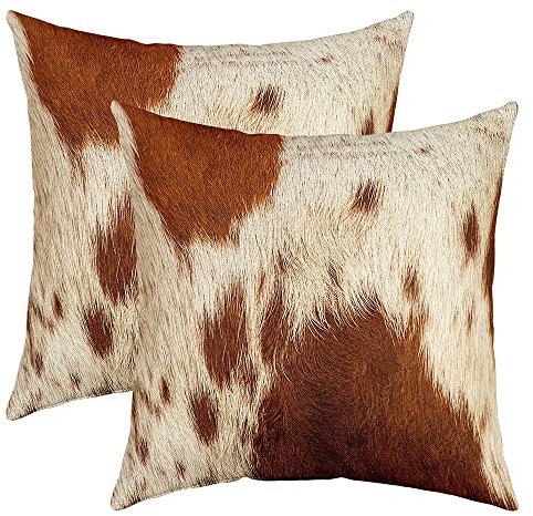 Kuhfell Kissenbezüge 45x45cm 2er Set Kissenbezüge Kuhfell Gedruckt Kissenbezug Kissenhülle Kopfkissenbezug Western Bauernhof Tier Haut Beige Braun Sofakissen Couchkissen für Sofa
