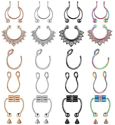 Yolev 20 Stück Nasenpiercing Magnet 16 g Fake Septum Piercing Nase Falscher Nasenring für Damen Fake Nose Ring Nicht Durchdringend Falsche Nasenmanschette Hufeisen Piercing Lippenpiercing