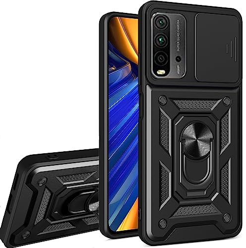 PANXIYUE Coque pour Xiaomi Redmi 9T / Poco M3, avec Lentille Coulissante Couverture et 360°Support Rotatif de Bague magnétique Dur PC et TPU Silicone Antichoc Protection Etui Housse, Noir