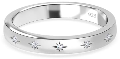 TJC Silver Rings for Women 925 Sterling Silver Wedding Band Ring, Natural Diamond Studded Star Motif Stackable Ring, Half Eternity Promise Ring with Platinum,18K Vermeil Yellow & Rose Gold Plating