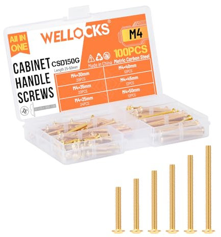 WELLOCKS Schrankgriffe Schrauben | M4 25–50 mm Maschinenschrauben Sortiment | Flachscheibenkopf Kreuzschlitzschrauben Set aus Metall | für Schrank Schublade Knöpfe (CSD150G) | Gold | 100 Stück