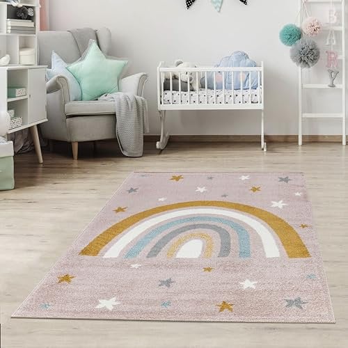 Jimri Kinderteppich DOTS l Pünktchen Gepunktet l Öko-Tex Siegel | Farbe: Beige Blau Rosa | Kinderzimmer/Jugendzimmer (Pink, 160 x 230 cm)