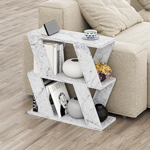 Hocuspicus Narrow Side Table with 2 Storage Shelf | 2 Tier Side Table | Slim End Table | Modern Design Sofa Table | Living Room, Office | Many Colour Options | 60x22x57cm (White Marble Effect)