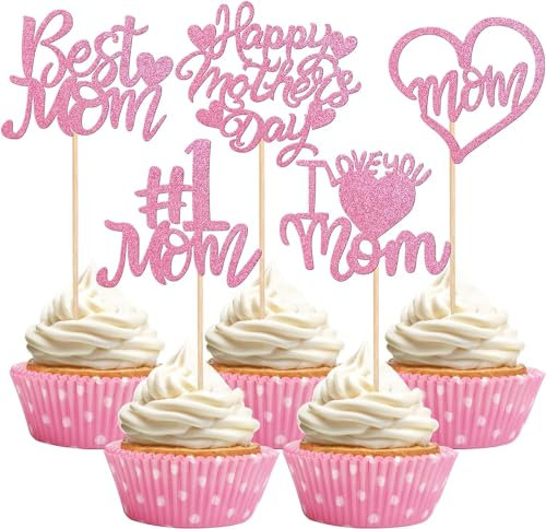 SYKYCTCY 30 Pack Happy Mother's Day Cupcake Toppers Glitter Heart I love you Mom Cupcake Picks Best Mom Cake Decorations for Happy Mother's Day Theme Women Birthday Party Supplies Pink