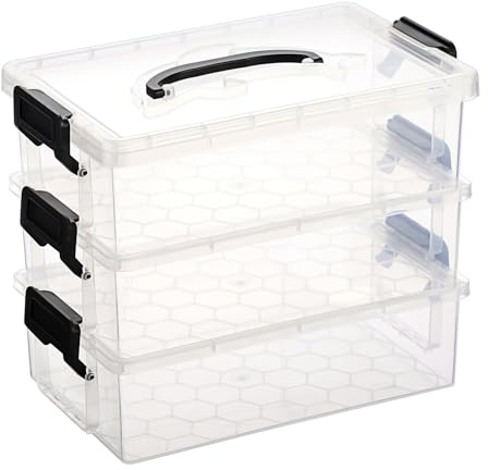 TOLIDA 3-er Durchsichtiger Organizer mit Deckel+Griff aus Stabilem Kunststoff Stapelbare Aufbewahrungsbox im Büro Schlafzimmer in der Küche für Spielzeug Dokumente Schreibwaren, Kosmetika Schwarz