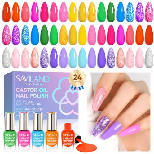 Saviland 24pcs Nail Polish Sets: 24 Neon Trendy Color Locked X Tech Regular Nail Varnish Quick Dry Long Lasting Finger Nail Polish Plant-base Rainbow Glitter Nail Polish Kit for Women Idea Gift Set