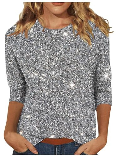 Sequin Printed Tops UK Women Round Neck Solid 3/4 Sleeve Pullover Jumpers Womens Sparkly Sweater Shimmer Shirt Glitter Top Sparkly Festival Party Blouses Shining Tees UK Size Clearance Silver