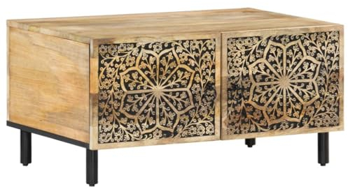 vidaXL Solid Mango Wood Coffee Table 80x50x40 cm - Brown Rectangular Sofa Table with Iron Legs, Retro Hand-Carved Floral Pattern for Living Room