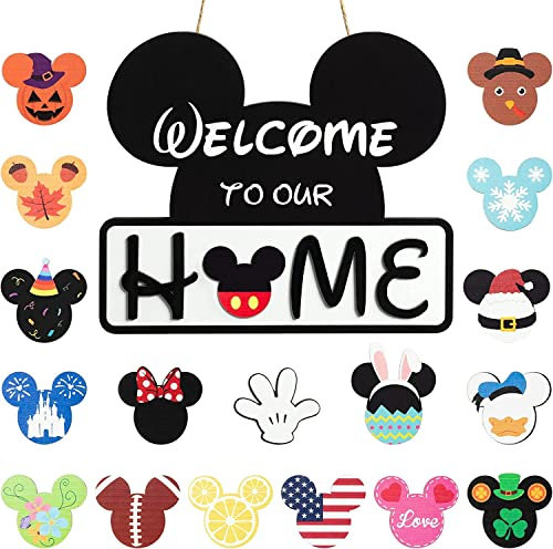 SUPYFD 19 cartelli intercambiabili per porta di benvenuto stagionale con topolino carino, per decorazione della porta d'ingresso, cartello con scritta Welcome to Our Home con pezzi intercambiabili