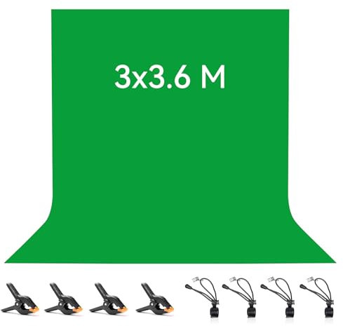 3 x 3.6 M Toile de Fond Vert, Vevelux Green Screen avec 8 Clips Anti-Plis, 100% Polyester Fond Vert Pliable Lavable Durable pour Photographie, Vidéo, Camera, Photo, Prise de Vue Vidéo