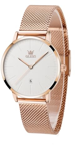 OLEVS Roségold Armbanduhr Damen Edelstahl Schicke Analog Kleid Damenuhr Groß Weiß Zifferblatt Quarz Wasserdicht Damenarmbanduhr mit Datumsanzeige Ultradünne Uhr Damen Mesh Band Geschenke