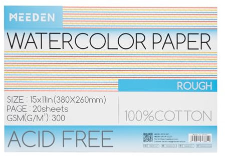 MEEDEN Aquarellpapier Block - 100% Baumwoll-Aquarellpapier Block mit 20 Blatt, 140lb/300gsm, säurefreies Kunstdruckpapier für Aquarell, Gouache, Tinte und mehr, 38 x 26cm Rough