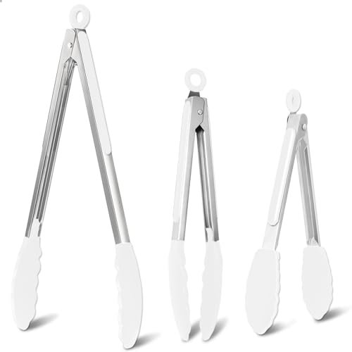 LESEED Pinza Cucina Silicone Set di 3, Pinze da Cucina Resistenti a Temperature Alte e Basse, con Blocco di Sicurezza per una Facile Conservazione, Pinze Cucina Ideali per Barbecue e Cucina (Bianco)