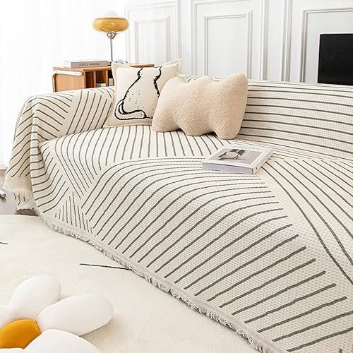 Bishilin Überwurf Sofa 2 Sitzer Katzenschutz, Sofabezug Ecksofa 180x280CM Gestreift Motiv mit Quasten Couchbezug Nordisch Universal