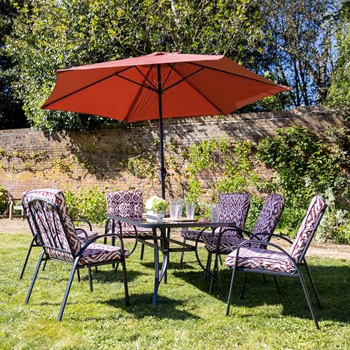 Hectare 6 Seater Metal Garden Furniture Outdoor Dining Set with Table and Parasol in Aztec Wine Pattern